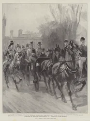 A walesi herceg és hercegnő Blenheimben, a királyi pár távozása az Oxfordshire-i lovasság kíséretében, amelyet Marlborough hercege, mint az ezred hadnagya irányít.